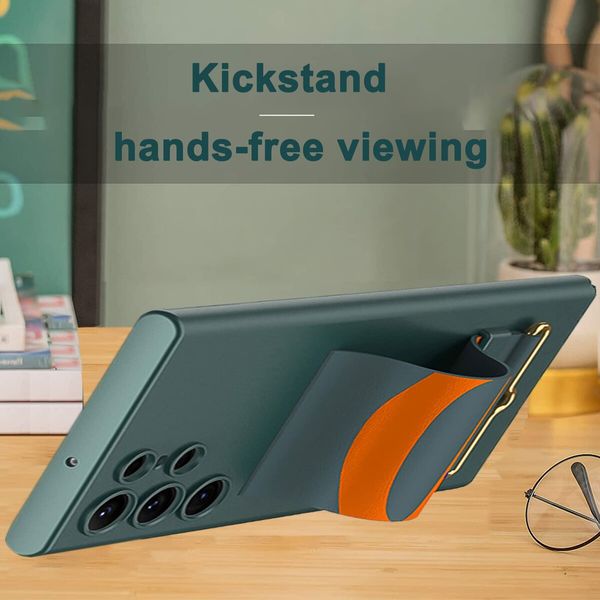 Wrist Strap Case Compatible Galaxy S23 Stand Case Ultra-Thin Hard PU Leather Wristband Cover Phone Case Kickstand Green