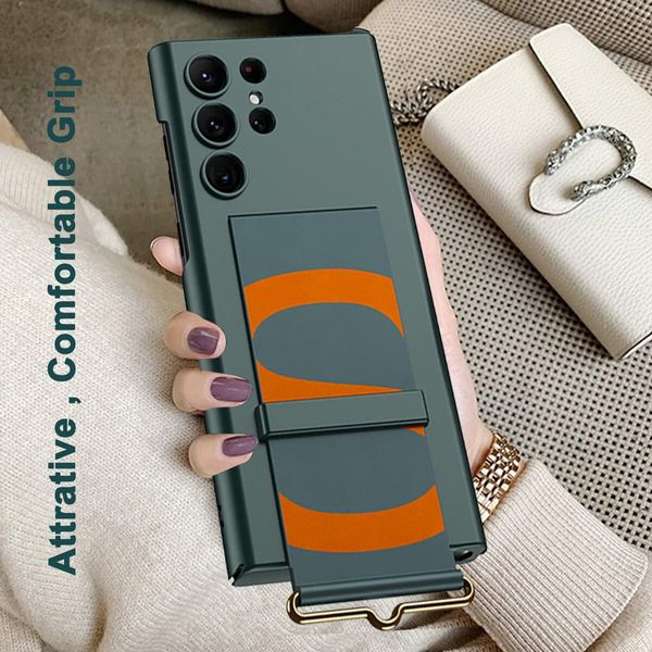 Wrist Strap Case Compatible Galaxy S23 Ultra Stand Case Ultra-Thin Hard PU Leather Wristband Cover Phone Case Kickstand Green