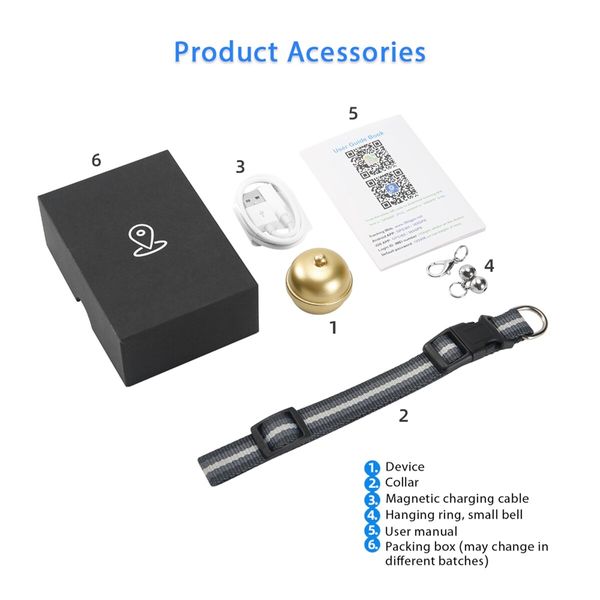 Pets GPS tracker Cat Dog Pet Tracker Collar with Bell Tracking Device Locator Waterproof IP67 Anti-lost monitor Smart Finder Free APP Color Golden