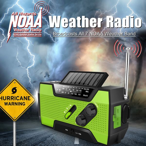 Emergency Hand Crank Weather Radio AM/FM/NOAA Portable Solar with SOS Alarm LED Flashlight & Reading Lamping-Green