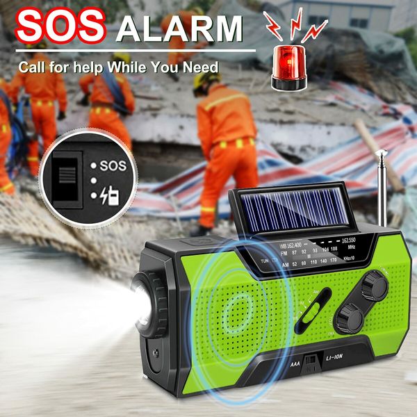 Emergency Hand Crank Weather Radio AM/FM/NOAA Portable Solar with SOS Alarm LED Flashlight & Reading Lamping-Green