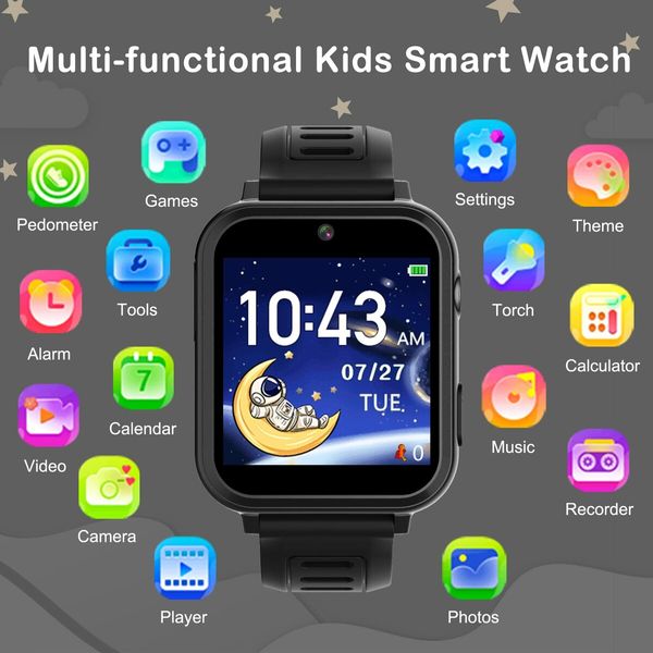 Smart Watch for Kids,Smart Watch Toys with 24 Games Camera Video Recorder Music Alarm Calculator Calendar Flashlight Stopwatch Pedometer Gift Toys for Age3+ Boys and Girls (Black)