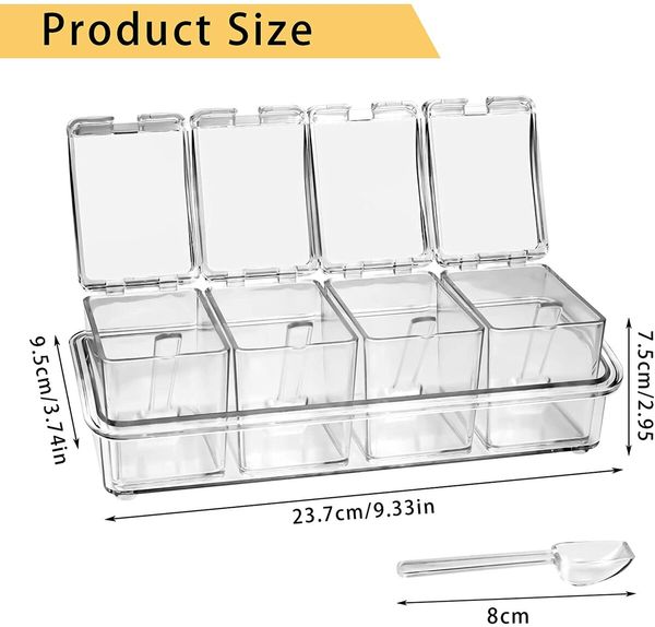 4 Cell Clear Seasoning Rack Spice Box with Cover and Spoon