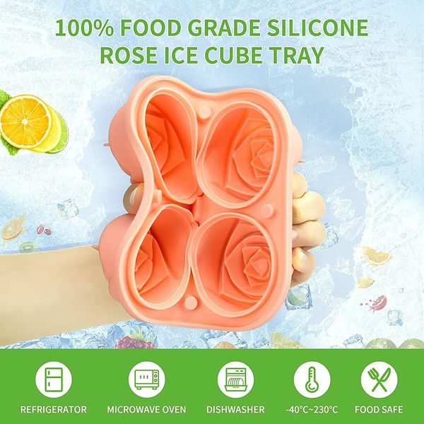 Ice Cube Trays 2 Pack, 2.5 inch 3D Rose Silicone 4 Ice Cube Trays, Reusable and BPA Free