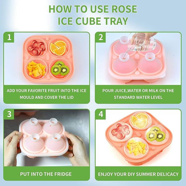 Ice Cube Trays 2 Pack, 2.5 inch 3D Rose Silicone 4 Ice Cube Trays, Reusable and BPA Free