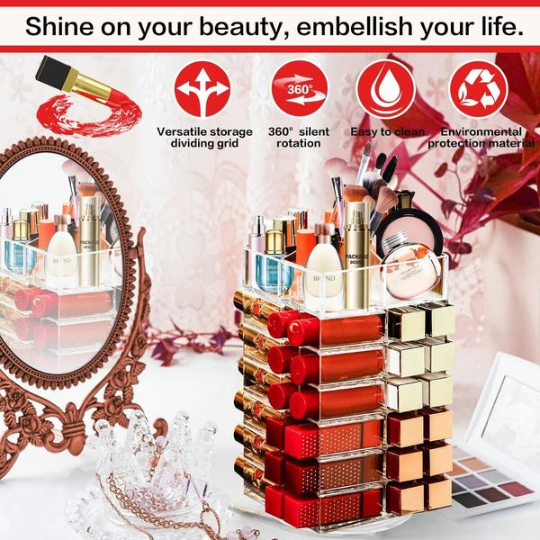 Acrylic Lipstick Tower Holder 360 Degree Rotating Makeup Cosmetic Lipsticks Organizer with 53 Slots Storage