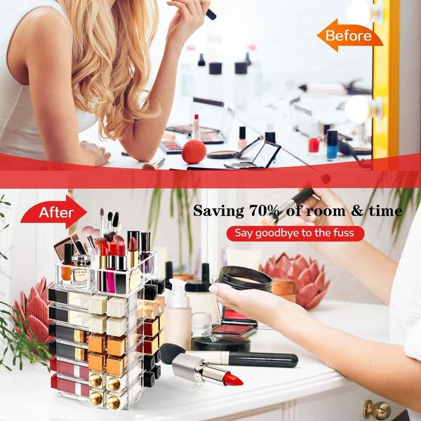 Acrylic Lipstick Tower Holder 360 Degree Rotating Makeup Cosmetic Lipsticks Organizer with 53 Slots Storage