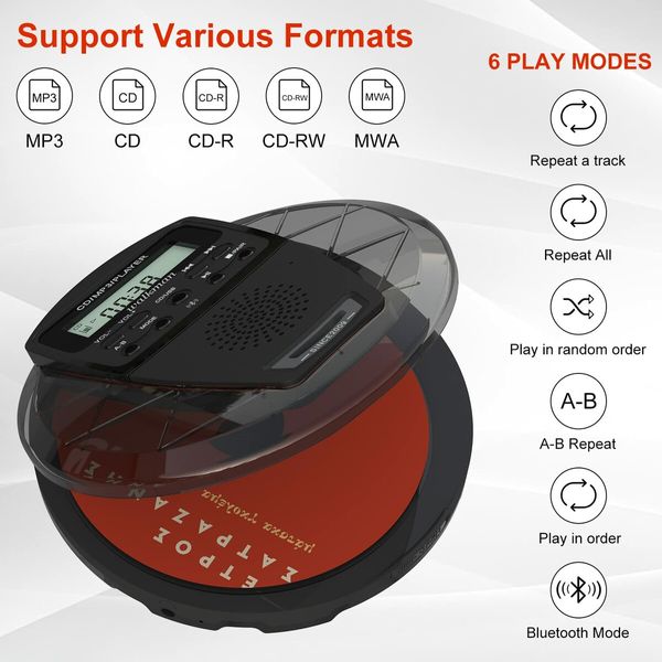 Rechargeable CD Player Portable with Bluetooth,Compact Anti-Skip Shockproof Portable CD Player with Earphone,Walkman CD Player with Stereo Speakers&LCD Display for Car/Home/Travel