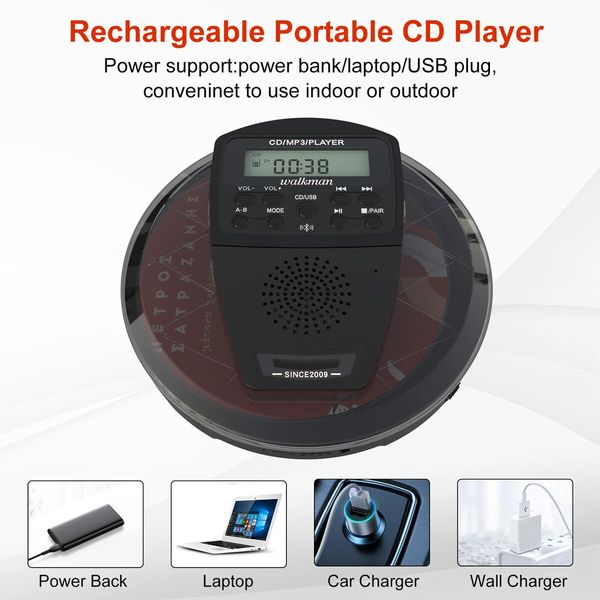 Rechargeable CD Player Portable with Bluetooth,Compact Anti-Skip Shockproof Portable CD Player with Earphone,Walkman CD Player with Stereo Speakers&LCD Display for Car/Home/Travel