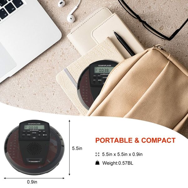 Rechargeable CD Player Portable with Bluetooth,Compact Anti-Skip Shockproof Portable CD Player with Earphone,Walkman CD Player with Stereo Speakers&LCD Display for Car/Home/Travel