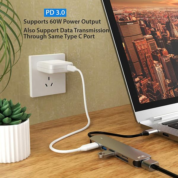 USB C Type HUB 6 in 1 Adapter, Aluminium Multi Port Dongle Type-C to USB Ports, 4K HDMI Port, Type PD Charging & Data Port & SD/TF for MacBook Pro/Air