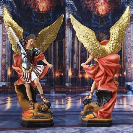 The Great Protector Saint Archangel Michael Defeated the Evil Dragon Religious Collectible Battle Angel Sculpture Christian Figurines(21.5X12.5X6CM)