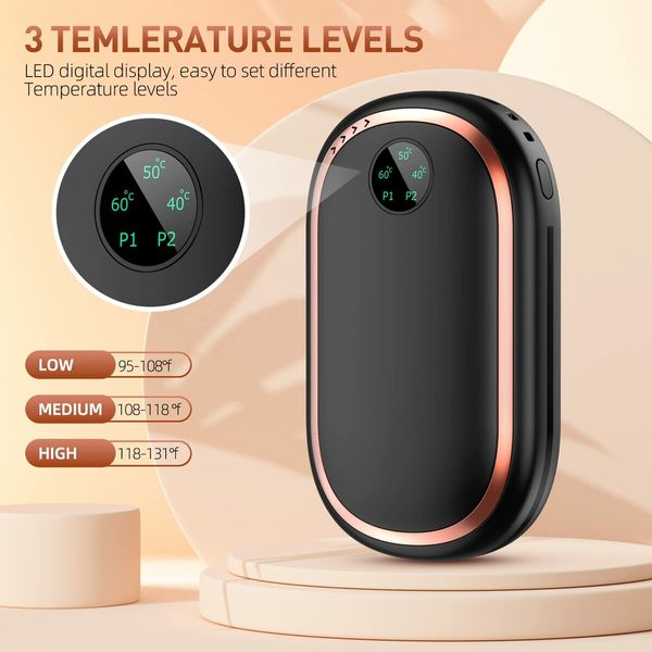 Hand Warmers Rechargeable,6000 mAh Electric Hand Warmer,Double-Sided Fast Heating,3 in 1 Reusable Electric Handwarmer & Power Bank with Digital Display & Sunset Light