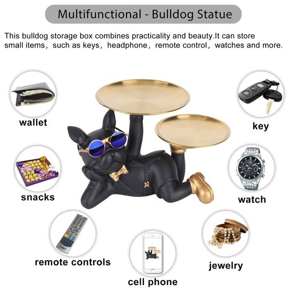 Bulldog Statue Desk Storage Tray Key Dish for entryway Table Home Decor Sculpture for Modern Art Office-Black