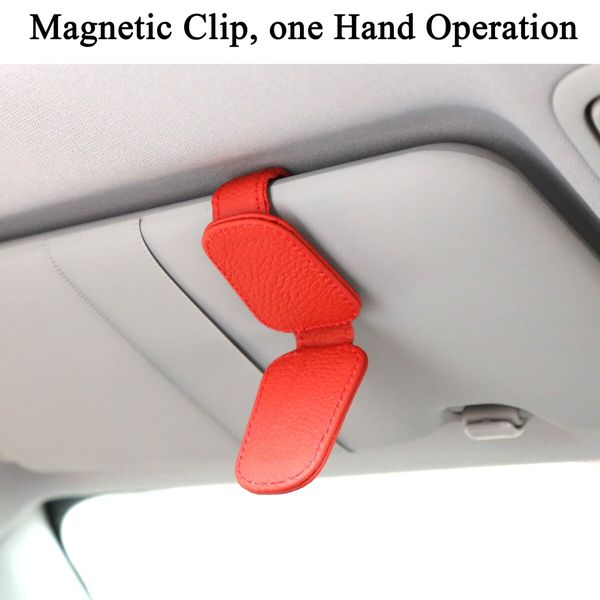 Sunglasses Holders for Car Sun Visor,Magnetic Leather Glasses Eyeglass Hanger Clip for Car,Ticket Card Clip Eyeglasses Mount,Car Visor Accessories (Red)