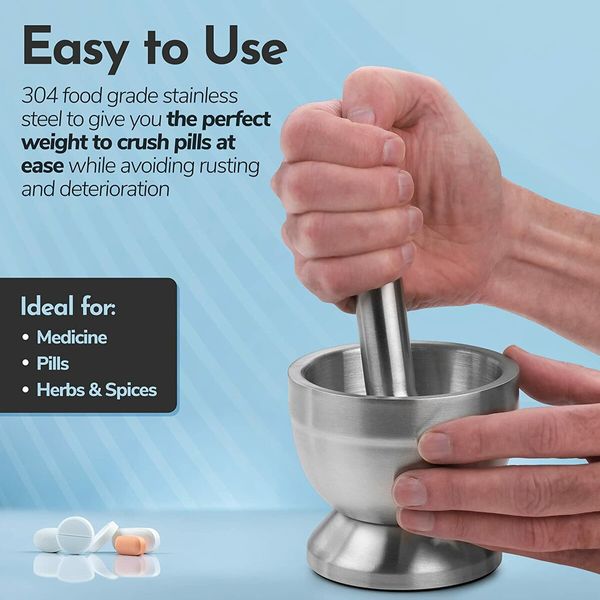 Pill Crusher, 304 Food Grade Stainless Steel Mortar and Pestle Medicine Grinder Set