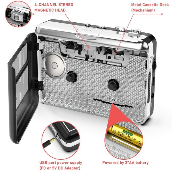 Walkman Cassette Player,Portable Tape Player Compact Recorder with Headphones,Audio Music Cassette to MP3 Digital Converter,Compatible with Laptop/PC/MAC/iPod - for Entertainment,Travel,Sports (Black)