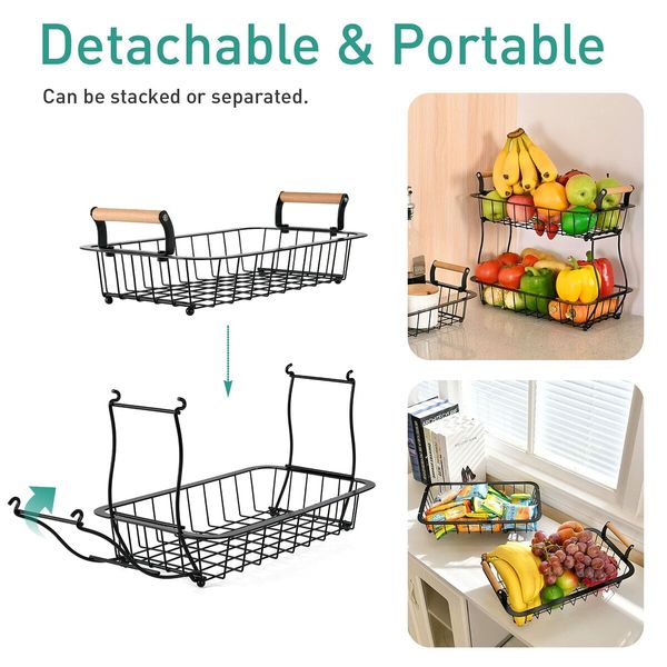 2 Tier Countertop Fruit Basket for Kitchen Vegetable Fruits Basket Bowl Stand Metal Rectangle Wire Basket Storage Holder for Fruits Veggies Bread Snacks Kitchen Organizer (Black)