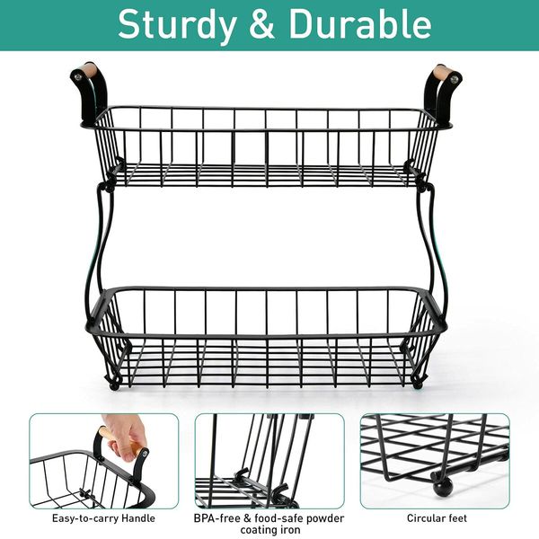 2 Tier Countertop Fruit Basket for Kitchen Vegetable Fruits Basket Bowl Stand Metal Rectangle Wire Basket Storage Holder for Fruits Veggies Bread Snacks Kitchen Organizer (Black)