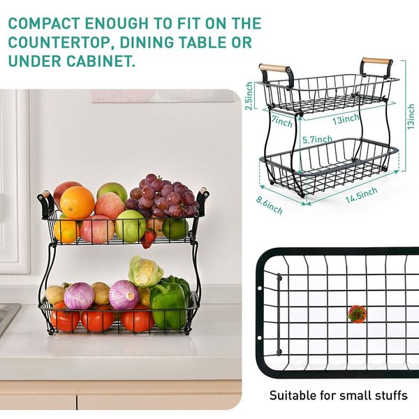 2 Tier Countertop Fruit Basket for Kitchen Vegetable Fruits Basket Bowl Stand Metal Rectangle Wire Basket Storage Holder for Fruits Veggies Bread Snacks Kitchen Organizer (Black)