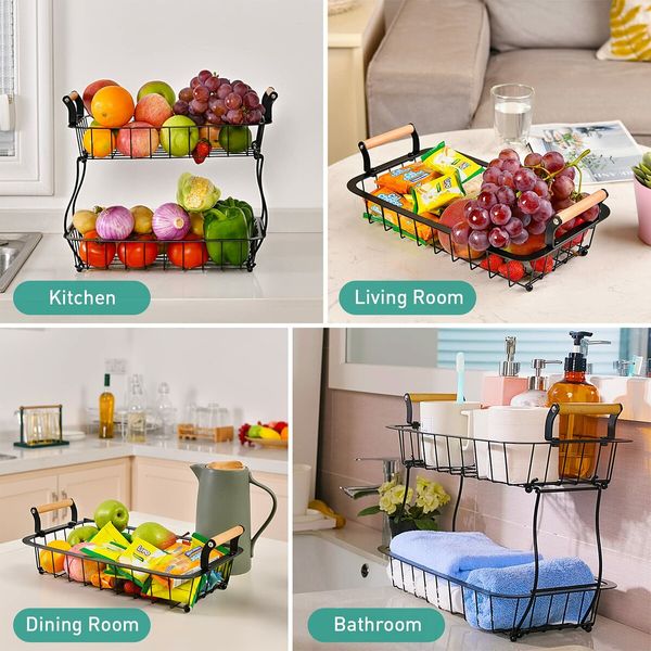 2 Tier Countertop Fruit Basket for Kitchen Vegetable Fruits Basket Bowl Stand Metal Rectangle Wire Basket Storage Holder for Fruits Veggies Bread Snacks Kitchen Organizer (Black)