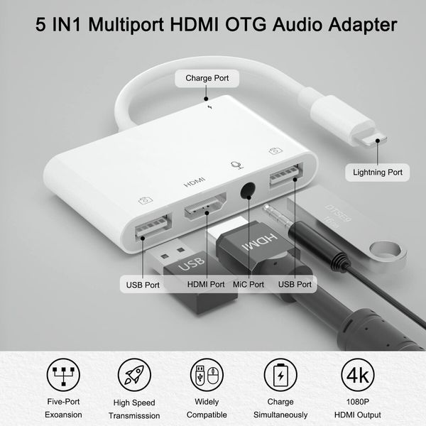 iPhone Adapter for Live-Streaming HDMI Adapter for TV Dual USB Female OTG Adapter with Charging Port