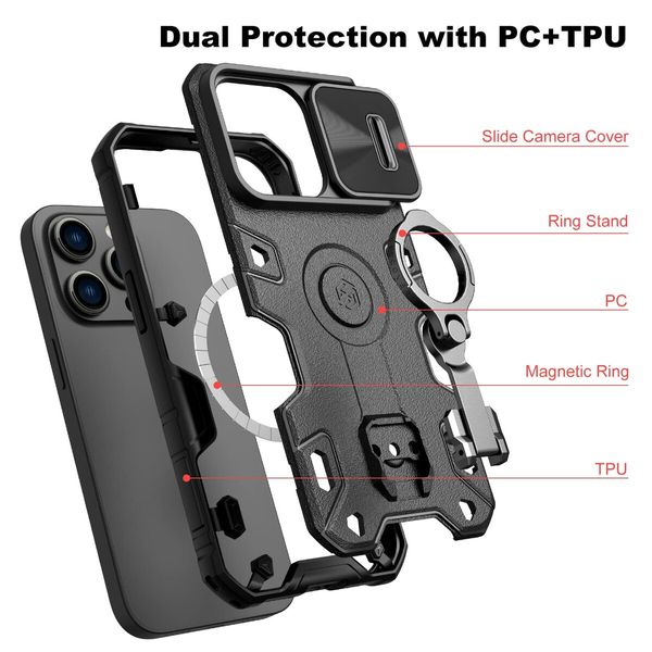 iPhone 14 Pro Max Case Armor Compatible with MagSafe with Rotatable Kickstand & Camera Cover-Black