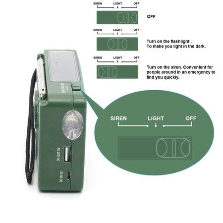 Emergency  Solar Powered Hand-cranked Radio LED flashlights Siren FM/AM Weather Radio with Rechargeable USB Phone Charger for Outdoor Camping(Green)