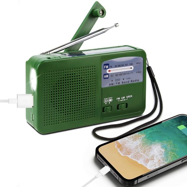 Emergency  Solar Powered Hand-cranked Radio LED flashlights Siren FM/AM Weather Radio with Rechargeable USB Phone Charger for Outdoor Camping(Green)