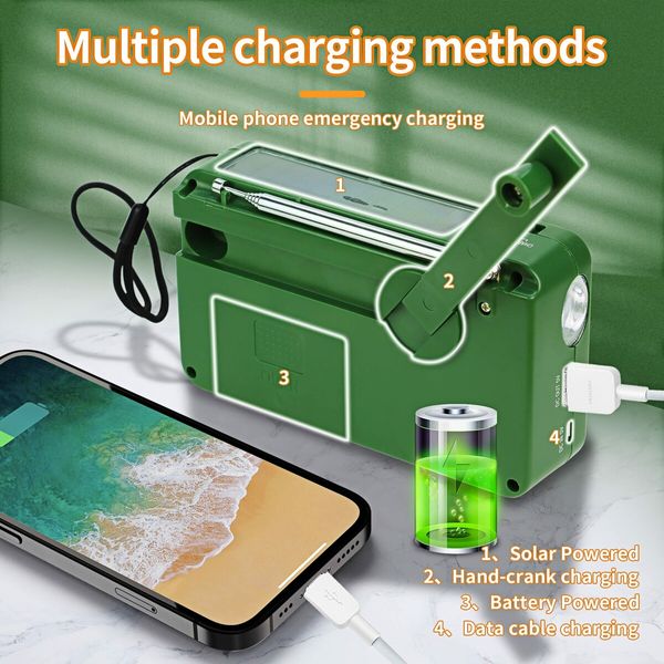 Emergency  Solar Powered Hand-cranked Radio LED flashlights Siren FM/AM Weather Radio with Rechargeable USB Phone Charger for Outdoor Camping(Green)