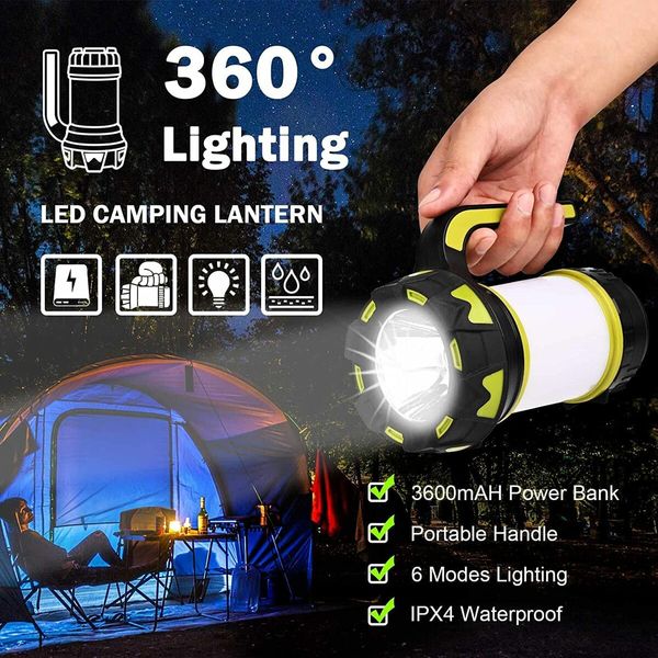 LED Camping Light, Camping Lantern USB Rechargeable Dimmable IP68 Waterproof Camping Torch