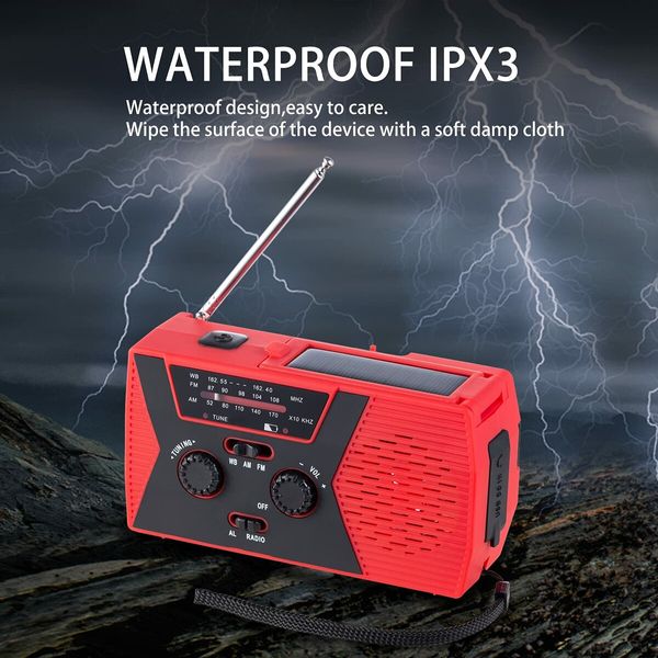 Weather Emergency Solar Crank Radio with Flashlight Reading Lamp Portable Camping AM FM NOAA SOS Alarm-Red