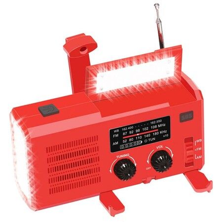 Emergency Solar Power Hand Crank Dynamo Wind Up 4000mAh Phone Charger Bank SOS AM/FM/NOAA Weather Pocket Flashlight Radio Color Red