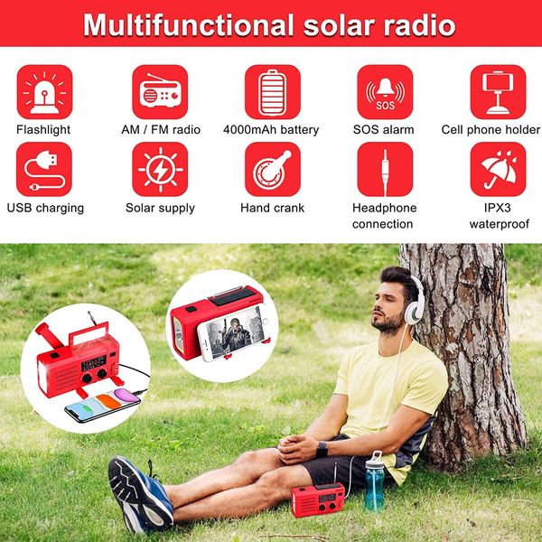 Emergency Solar Power Hand Crank Dynamo Wind Up 4000mAh Phone Charger Bank SOS AM/FM/NOAA Weather Pocket Flashlight Radio Color Red