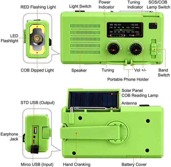 Emergency Solar Power Hand Crank Dynamo Wind Up 4000mAh Phone Charger Bank SOS AM/FM/NOAA Weather Pocket Flashlight Radio Color Green