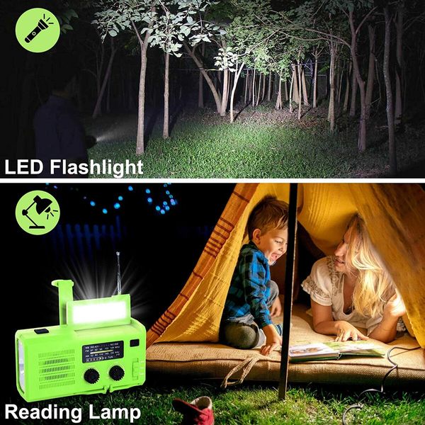 Emergency Solar Power Hand Crank Dynamo Wind Up 4000mAh Phone Charger Bank SOS AM/FM/NOAA Weather Pocket Flashlight Radio Color Green