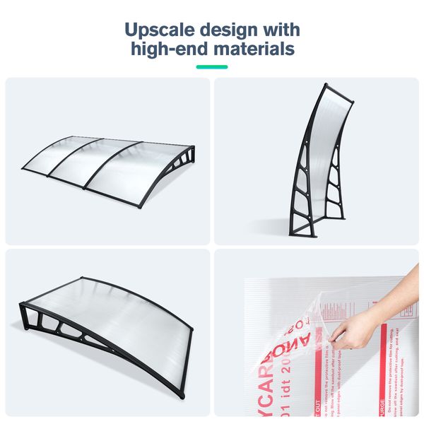 Window Awning Front Door Outdoor Patio Canopy Deck Balcony Porch House Cover Sun Shade Rain Snow UV Shield Clear Polycarbonate 1.5x3m