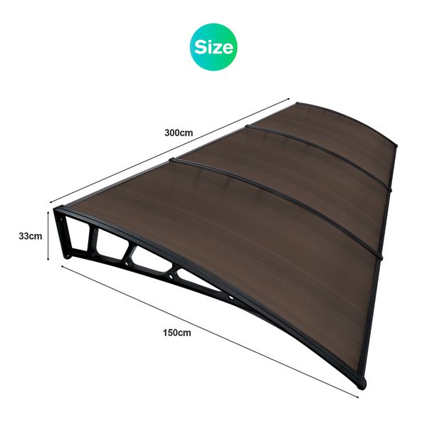 Window Door Awning Outdoor Patio Canopy Deck Balcony Porch House Cover Sun Shade Rain Snow UV Shield Polycarbonate Brown 1.5x3m