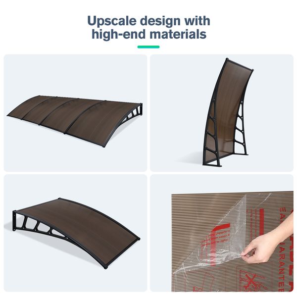 Window Awning Front Door Outdoor Patio Canopy 1.5x4m House Deck Porch Balcony Cover Sun Shade Rain Snow UV Shield Polycarbonate Brown