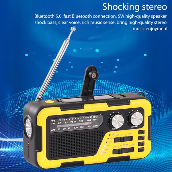 Emergency Solar Hand Crank Weather Radio AM/FM Radio Waterproof 2000mAh Power Bank Bluetooth Speaker LED Flashlight Phone Charge