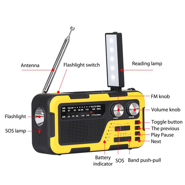 Emergency Solar Hand Crank Weather Radio AM/FM Radio Waterproof 2000mAh Power Bank Bluetooth Speaker LED Flashlight Phone Charge