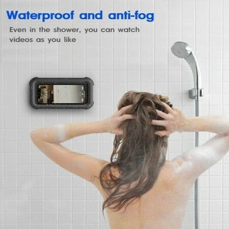 Waterproof Shower Phone Holder with 360°Rotation,Angle Adjustable,Wall Mounted Phone Holder for Bathroom Mirror Bathtub Kitchen,Up to 6.8 Inch (Black)