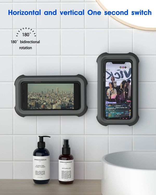 Waterproof Shower Phone Holder with 360°Rotation,Angle Adjustable,Wall Mounted Phone Holder for Bathroom Mirror Bathtub Kitchen,Up to 6.8 Inch (Black)