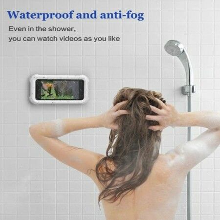 Waterproof Shower Phone Holder with 360°Rotation,Angle Adjustable,Wall Mounted Phone Holder for Bathroom Mirror Bathtub Kitchen,Up to 6.8 Inch (White,2Pack)