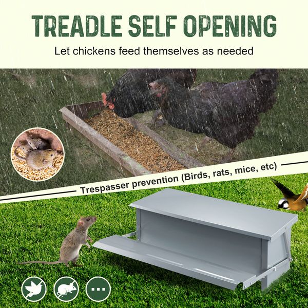 16L Auto Chicken Feeder Poultry Hen Chook Feeding Treadle Food Dispenser Automatic Self Opening Rat Pest Proof Galvanised Steel XL