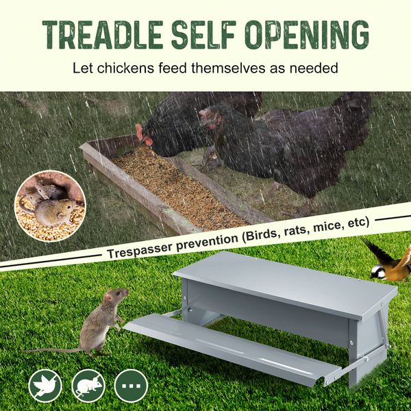 Auto Chicken Feeder Poultry Chook Food Feeding Automatic Treadle Dispenser Rat Water Proof Galvanised Steel Self Opening Coop 9L