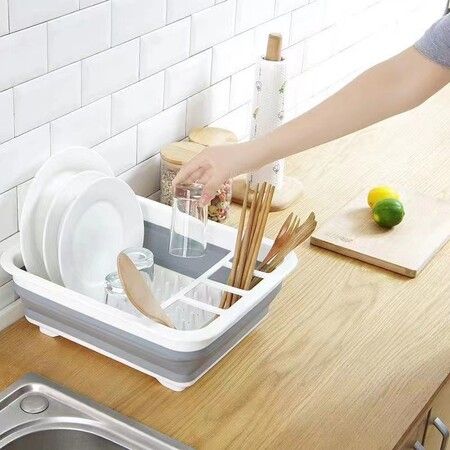 Collapsible Dish Drainer with Drainer Board Foldable Drying Rack Set Portable Dinnerware Organizer Space Saving Kitchen Storage Tray Grey