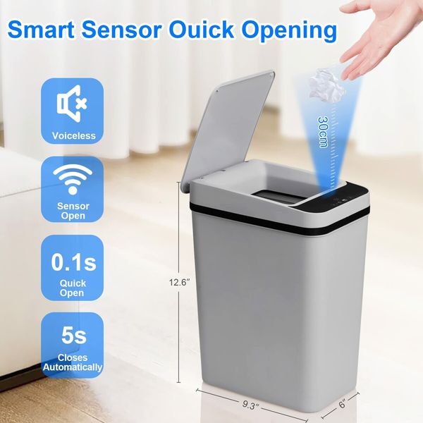 Bathroom Touchless Trash Can 2.2 Gallon Smart Automatic Motion Sensor Rubbish Can with Lid Electric Waterproof Narrow Small Garbage Bin for Kitchen,Office,Living Room,Toilet,Bedroom,RV (Grey)