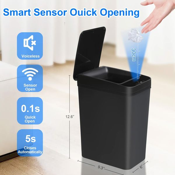 Bathroom Touchless Trash Can 2.2 Gallon Smart Automatic Motion Sensor Rubbish Can with Lid Electric Waterproof Narrow Small Garbage Bin for Kitchen,Office,Living Room,Toilet,Bedroom,RV (Black)