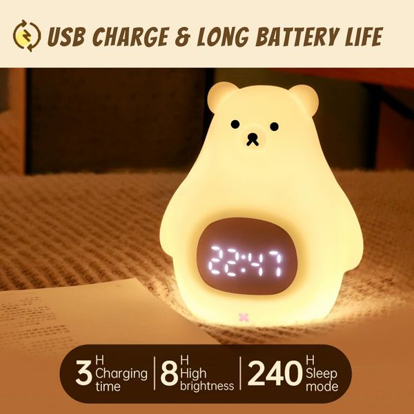 Bear Night Light Alarm Clock, Soft Silicone Portable Nursery Lamp, Children USB Rechargeable Nightlight for Kids Toddler  Gifts Bedroom Room Decor